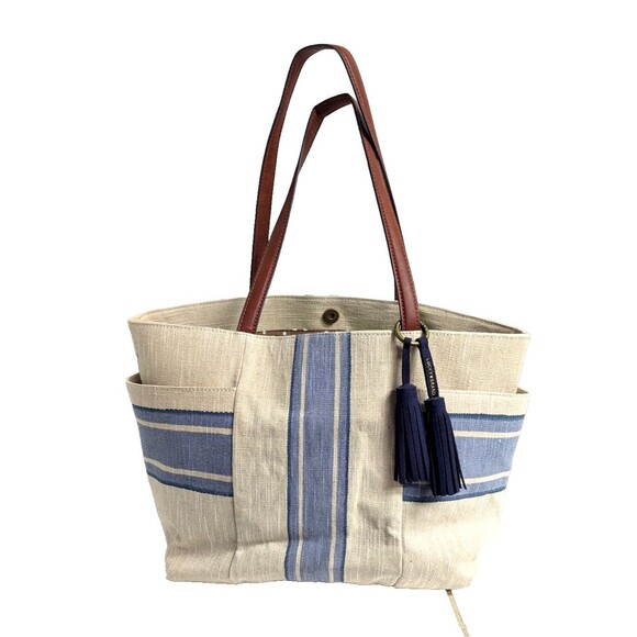 Lucky Brand Cora Fabric Tote Cream Blue Stripes Bohemian Tassel Leather Handles - Picture 2 of 10